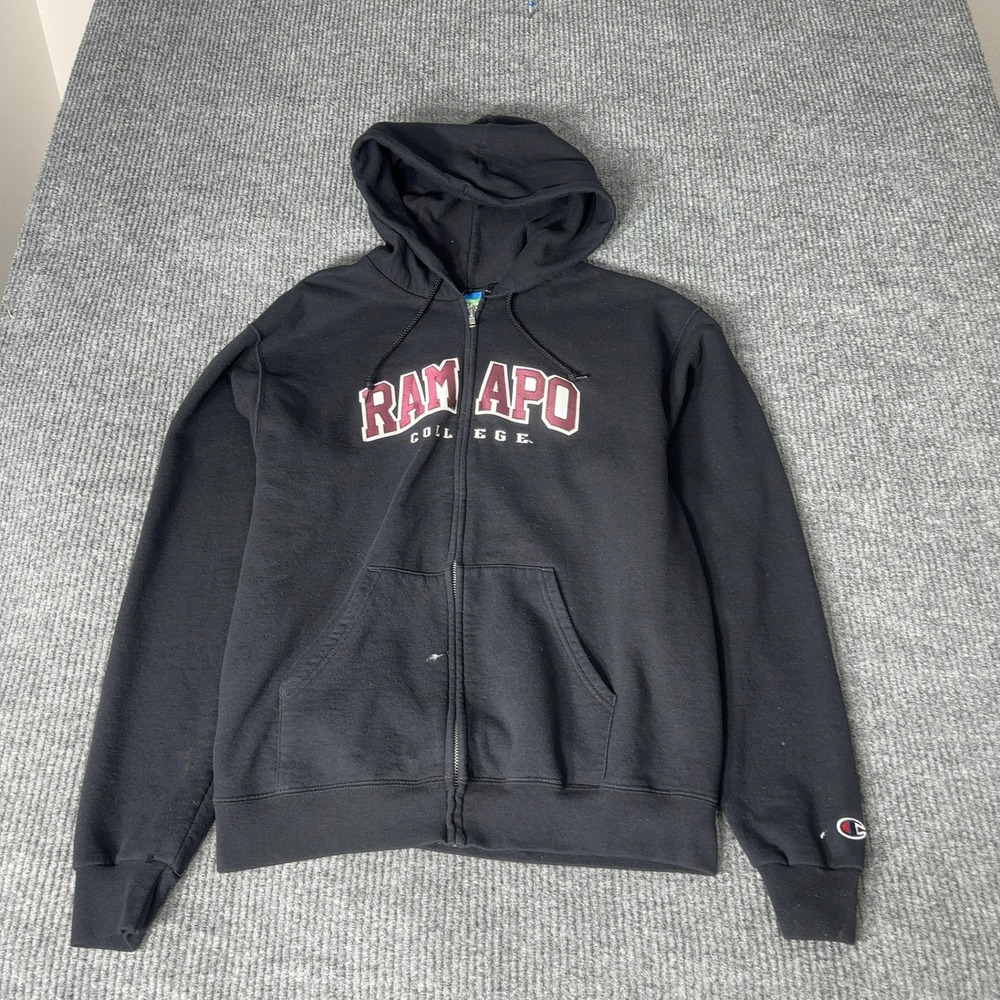 Champion Ramapo College Hoodie‎ Mens M Black Zip Up Fleece Sweatshirt Y2K